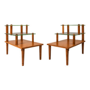 Set of Two ( 2 ) Mid-Century Modern Art Deco Three-Tiered Glass End Tables Attributed to Gilbert Rohde for Herman Miller, Usa, C. 1930s