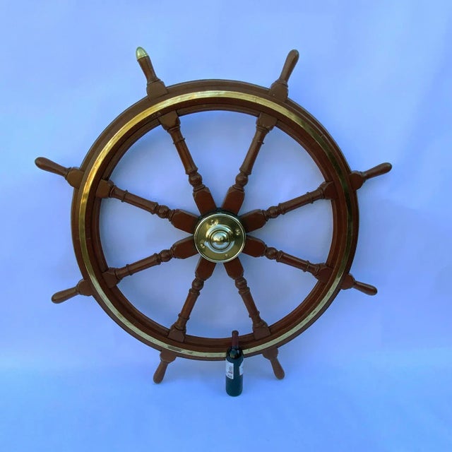 Nautical Mahogany And Brass Antique Ship's Wheel For Sale - Image 3 of 6