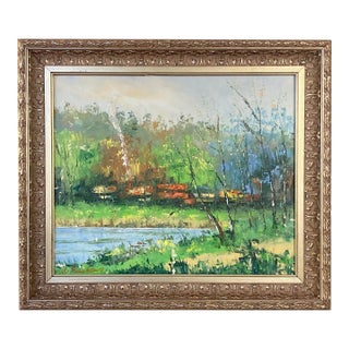 Signed A. Furukawa Impressionist MCM Oil on Canvas, Rural Scene With Freight Train For Sale