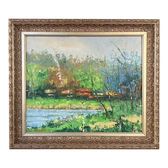 Signed A. Furukawa Impressionist MCM Oil on Canvas, Rural Scene With Freight Train For Sale
