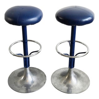 Vintage Bar Stools in Blue Faux Leather and Aluminum from Knoll, 1970s, Set of 2 For Sale