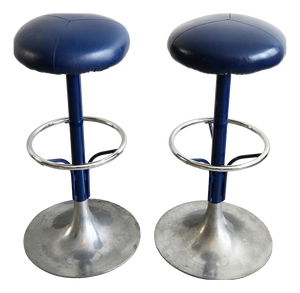 Vintage Bar Stools in Blue Faux Leather and Aluminum from Knoll, 1970s, Set of 2