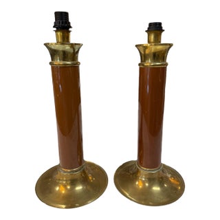 1970s Mid-Century Modern Brass and Brown Lacquer Table Lamps - a Pair For Sale