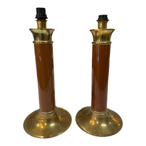 1970s Mid-Century Modern Brass and Brown Lacquer Table Lamps - a Pair
