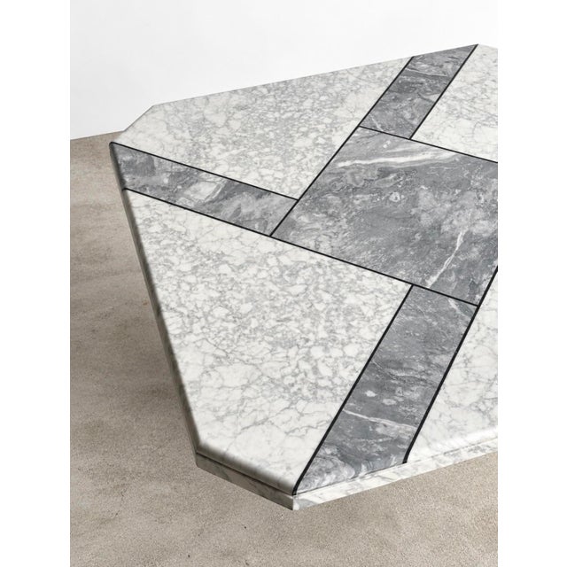 1970s Vintage Italian Carrara & Bardiglio Marble Inlay Square Octagonal Coffee Table For Sale In Greensboro - Image 6 of 13