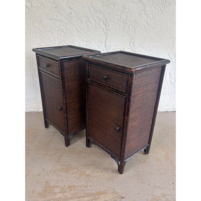 Bloomingdale's Pair Vintage British Colonial Faux Burnt Bamboo & Cane Nightstands For Sale - Image 4 of 12