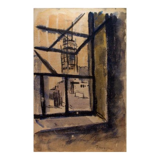 Vintage Signed Architecture Through Window Modern Watercolor Painting by William S. Fanning For Sale