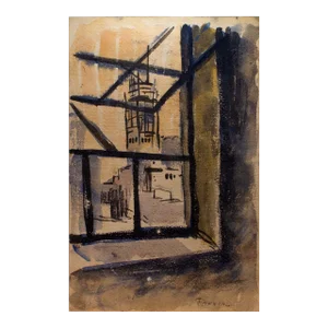 Vintage Signed Architecture Through Window Modern Watercolor Painting by William S. Fanning
