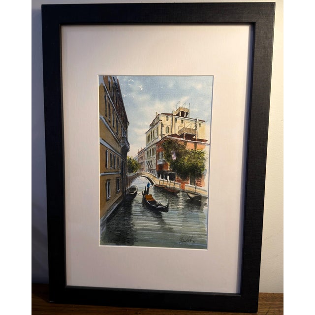 This fine late-20th-century original watercolor and pen-and-ink wash on paper depicts a classic Venetian veduta (townscape...
