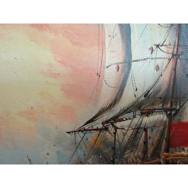 Vintage Oil Painting Naval Battle Ships Seascape Maritime Art Framed Framed For Sale - Image 4 of 9