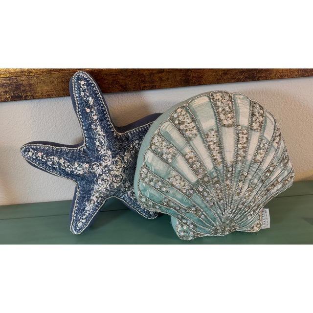 Beaded Seashell and Starfish Pillows, Decorator Pillows, Set of 2 12" X 14" Starfish, Blue, Beaded, puffy front, Pristine,...