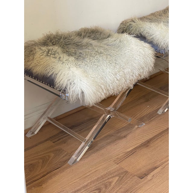 Vintage Pair Lucite X Benches With Mongolian Fur For Sale - Image 4 of 5