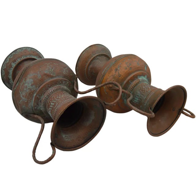 Metal Early 20th Century Moroccan Hand-Engraved Copper Vases With Handles - a Pair For Sale - Image 7 of 8