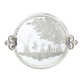 Classical Reversed Etched Mirrored Tray W/ Pastoral Scene & Twisted Glass Border For Sale