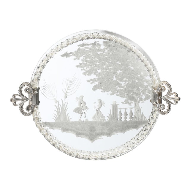 Classical Reversed Etched Mirrored Tray W/ Pastoral Scene & Twisted Glass Border For Sale