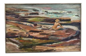Mid-Century Abstract Couple at Beach Oil Painting