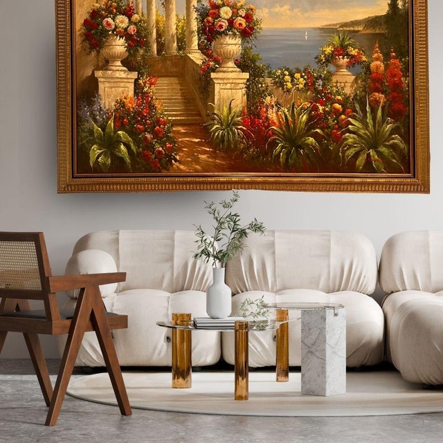 A breathtaking antique-style floral oil painting featuring dramatic roses against an ocean background. This exquisite...