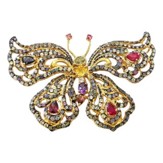 Late 20th Century Bochic "Orient" Vintage Ruby & Multi Color Sapphire Brooch Set 18K Gold & Silver For Sale