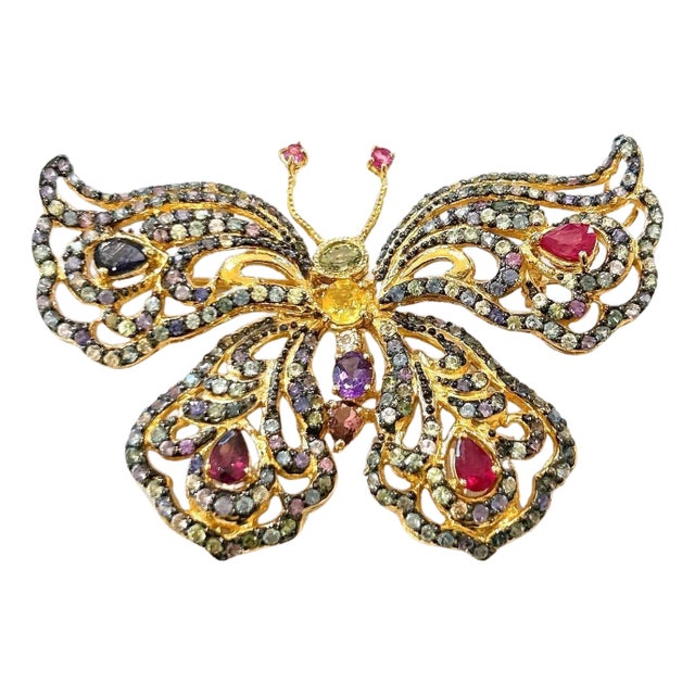 Late 20th Century Bochic "Orient" Vintage Ruby & Multi Color Sapphire Brooch Set 18K Gold & Silver For Sale