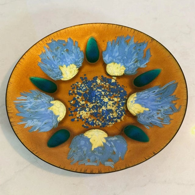 Mid-Century Modern Mid Century Original Edwards Star Enamel Plate Dish in Blue, Turquoise Yellow and Copper For Sale - Image 3 of 7