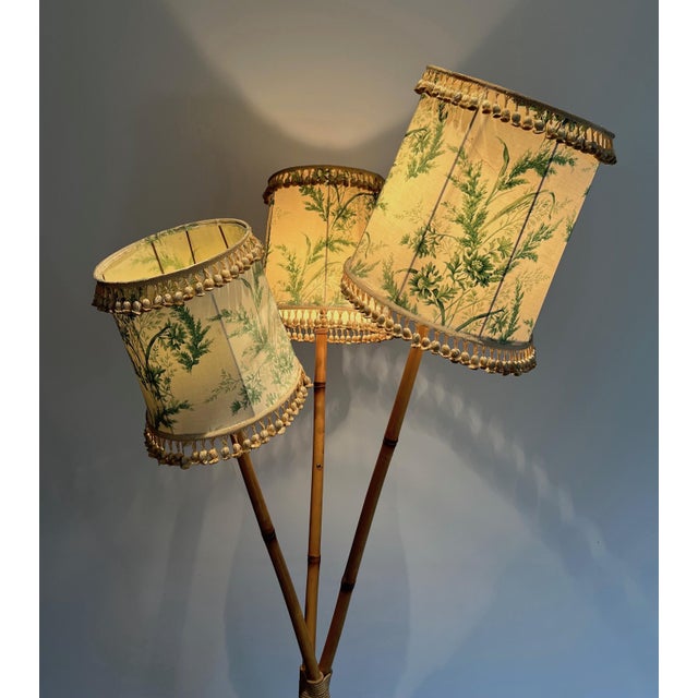 1970s Bamboo and Rope 3 Lights Floor Lamp, French Work in the Style of Audoux Minet For Sale - Image 6 of 12
