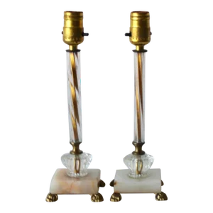 Italian Murano Style Twisted Glass Column Onyx Base Footed Vintage Mid Century Table Lamps-A Pair
