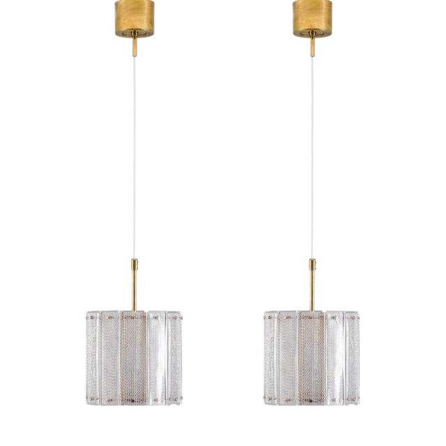 Glass and Brass Pendants attributed to Falkenbergs Belysning, Sweden, 1960s, Set of 2 For Sale