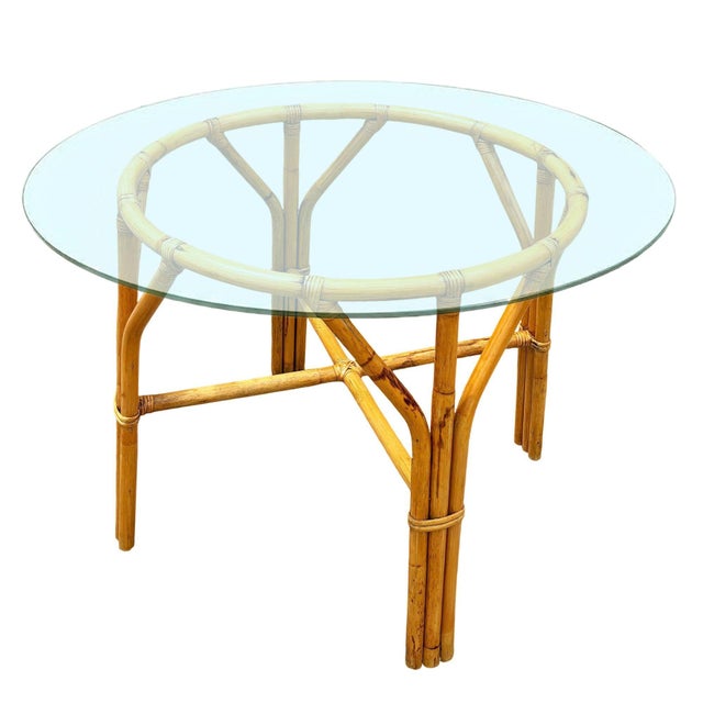 Mid-Century Modern Restored Mid-Century Round Glass Top 3-Strand Rattan Dining Table For Sale - Image 3 of 7