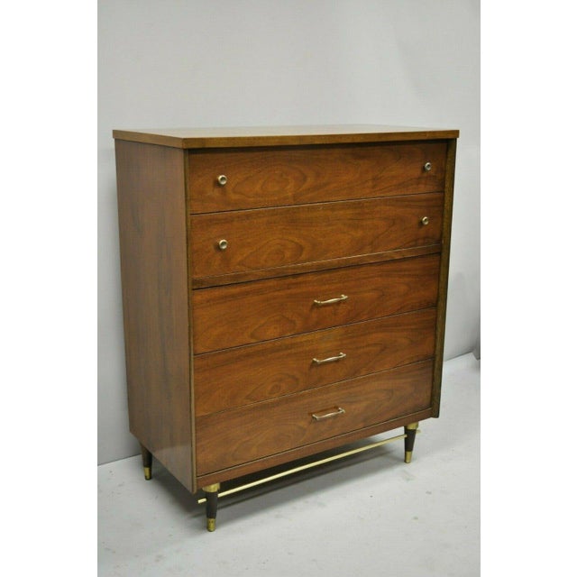 Vintage Mid Century Modern Walnut Tall Chest Dresser by Bassett Brass Stretcher Base Chairish