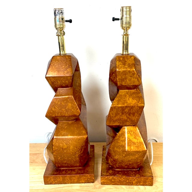 Pair of Modern Tortoiseshell Lacquer Polyhedron Spiral Lamps in the Style of Christopher Guy A striking pair of sculptural...