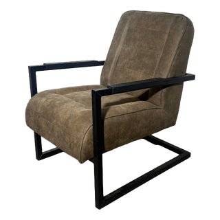 Industrial Lounge Chair with Taupe Upholstery & Black Metal Frame For Sale