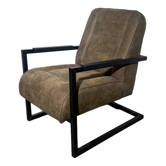 Industrial Lounge Chair with Taupe Upholstery & Black Metal Frame For Sale