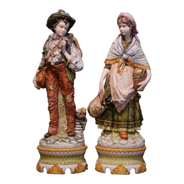 Pair of 20th Century Italian Hand-Painted Porcelain Figurine Statues For Sale