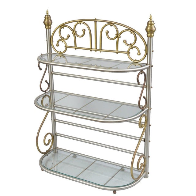 Vintage Small French Style Bakers Rack Scrolling Steel & Brass Glass