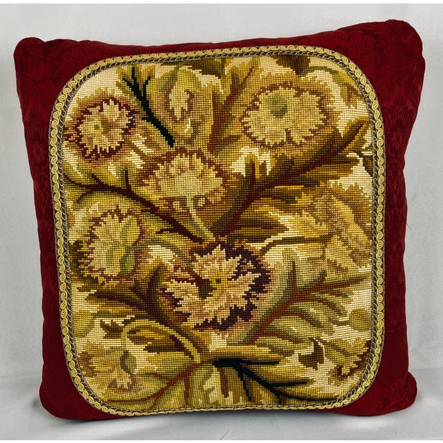 Traditional Pair of Antique Hand Stitched Exotic Floral Needlepoint Cushions/Pillows-Red Damask Backing For Sale - Image 3 of 10