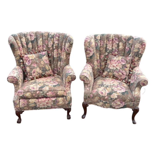 Mid 20th Century French Style Channel Back Upholstered Wing Chairs - A Pair For Sale