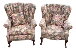 Mid 20th Century French Style Channel Back Upholstered Wing Chairs - A Pair
