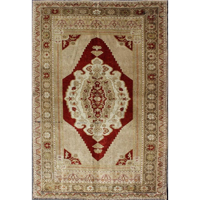 Textile Vintage Turkish Oushak Area Rug, Red Medallion, Green Border by Keivan Woven Arts For Sale - Image 7 of 7