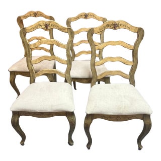 French Country Ladderback Set of 2 Chairs Vintage Cushion Seat Farmhouse Style Shabby Chic Grapes Floral Hand Painted For Sale