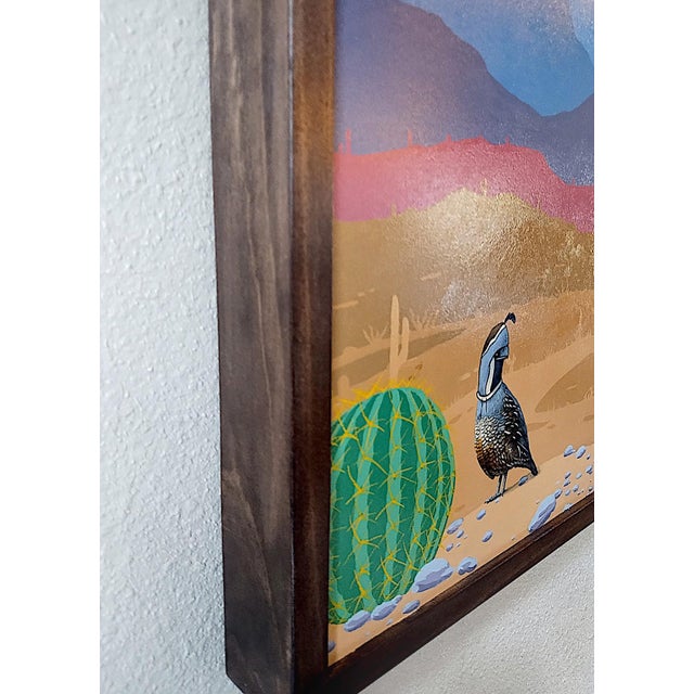 Masks We Wear, Overtaking the Past by 3rd Version (Ben Patterson) | Oil on masonite panel Coyote in a mask standing in a desert landscape. For Sale - Image 9 of 10