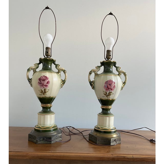 Pair of Vintage Hand-Painted Porcelain Lamps, Circa 1942 For Sale - Image 4 of 8