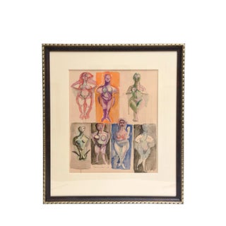 Vintage Signed Watercolo Rby Chamberlain, Style of George Condo, Museum Custom Framed For Sale