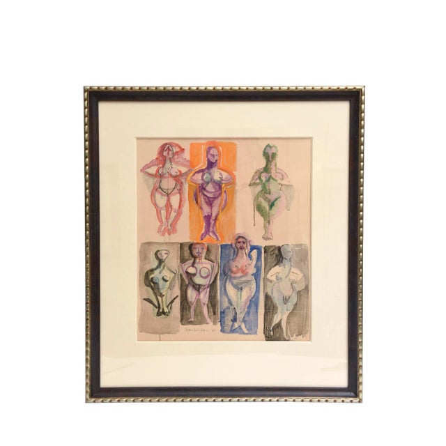 Vintage Signed Watercolo Rby Chamberlain, Style of George Condo, Museum Custom Framed For Sale