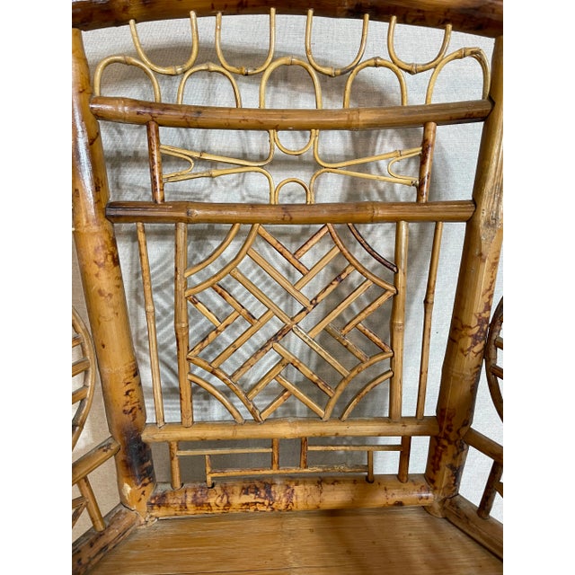 Rare vintage bamboo arm chair Very unusual pattern and circle motif Intricate detailed bamboo accents Beautiful coloration