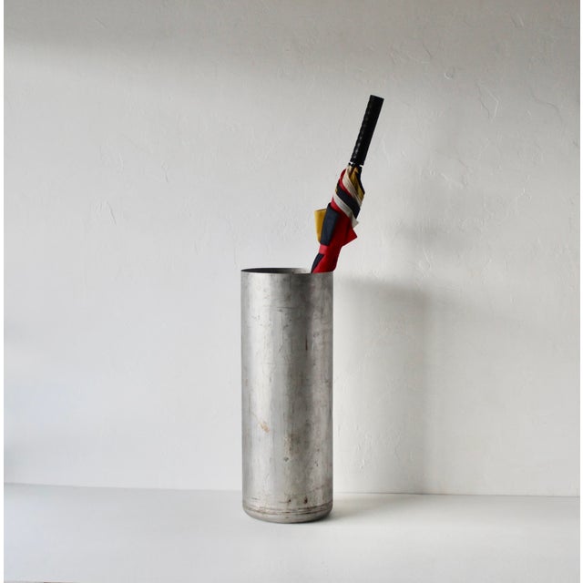 Paul Mayen Style Vintage Industrial Chic Modern Cylindrical Umbrella Stand With Patina Mid Century For Sale - Image 9 of 17