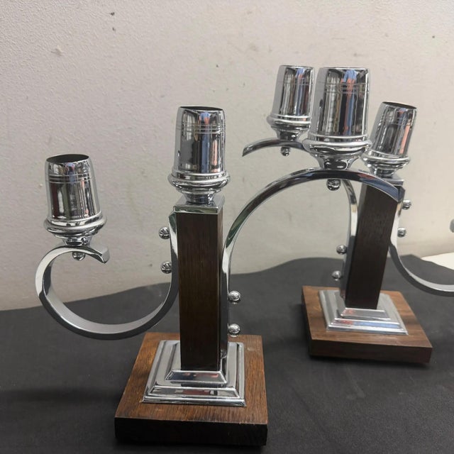 A Pair of 1940s Art Deco Fruit Wood and Chromed Metal French Candelabras For Sale - Image 4 of 10