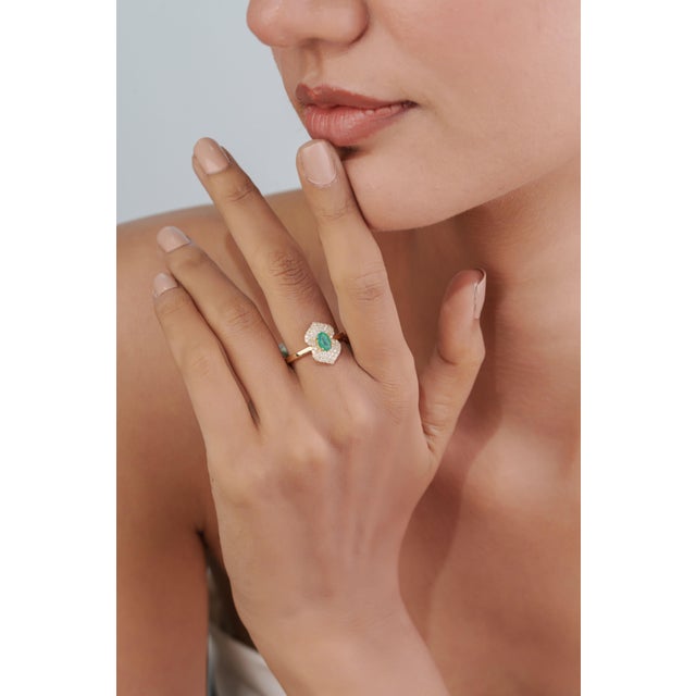 Green 19th Revival Style Emerald Art Deco Ring With Cluster Diamonds Size 4 in 14k Gold For Sale - Image 8 of 17