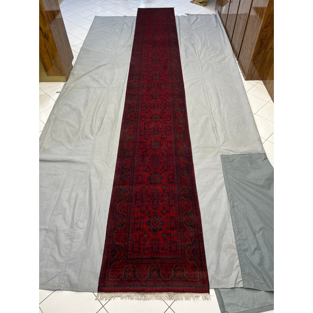 Art Deco Extra-Long Red & Navy Turkmen Bukhara-Style Wool Runner, 2'8" X 19'3" For Sale - Image 3 of 16