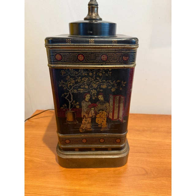 Handsome Vintage square Tea Caddy Lamp on wooden shaped base with round taupe silk shade by John-Richard Co. Base is hand...