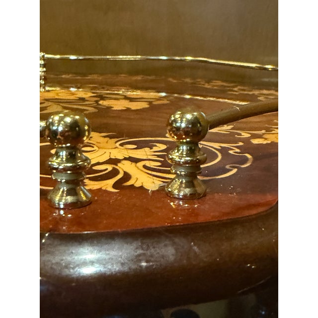 1980s Italian Inlaid Marquetry Burl Wood Bar Cart With Brass Gallery For Sale - Image 9 of 9